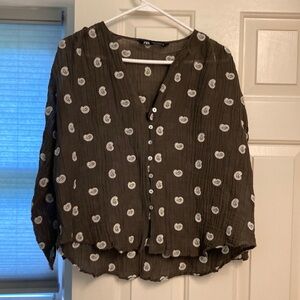 Women’s ZARA M Embroidered Paisley Army Green Rustic Blouse Cotton Ramie